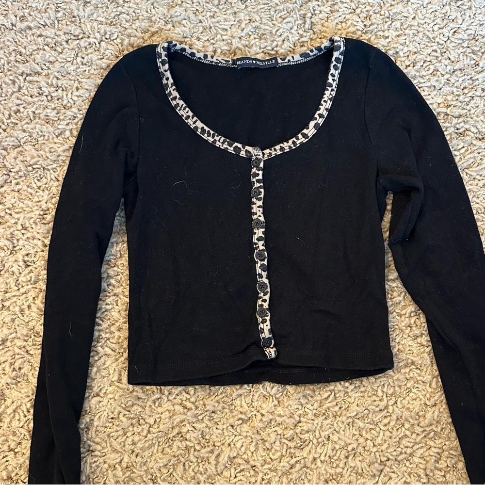 Brandy Melville Long Sleeve Top with Patterned Cheetah Print Trim